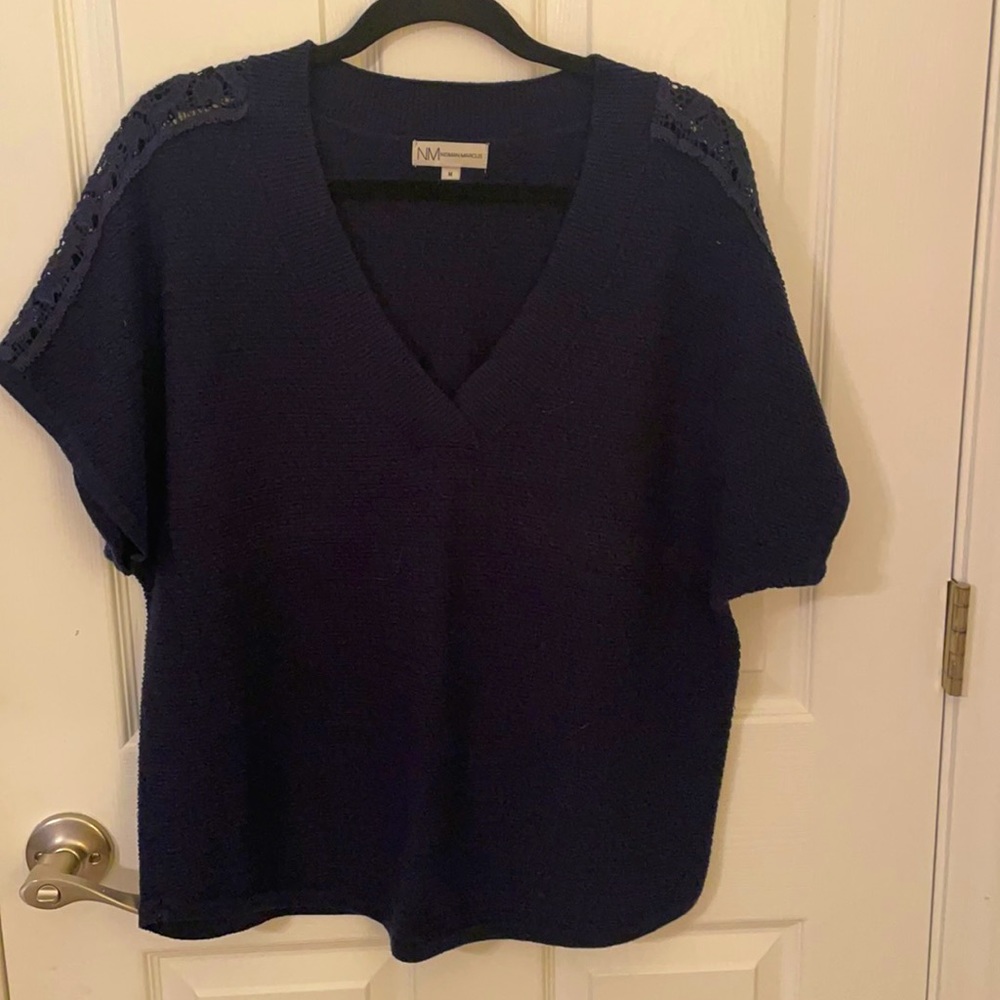 Short sleeved navy sweater from Neiman Marcus